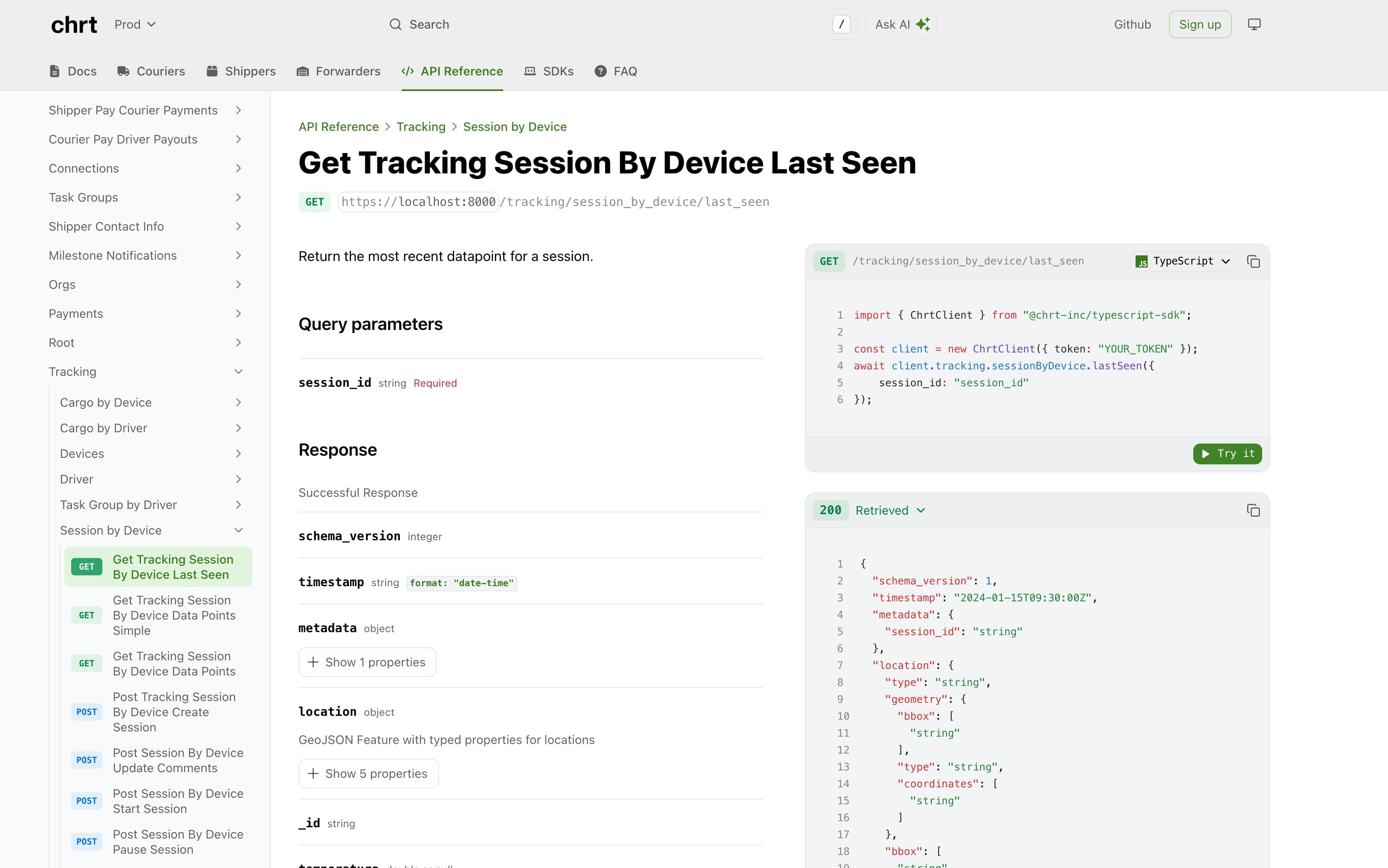 CHRT API documentation showing tracking session endpoint with real-time location data