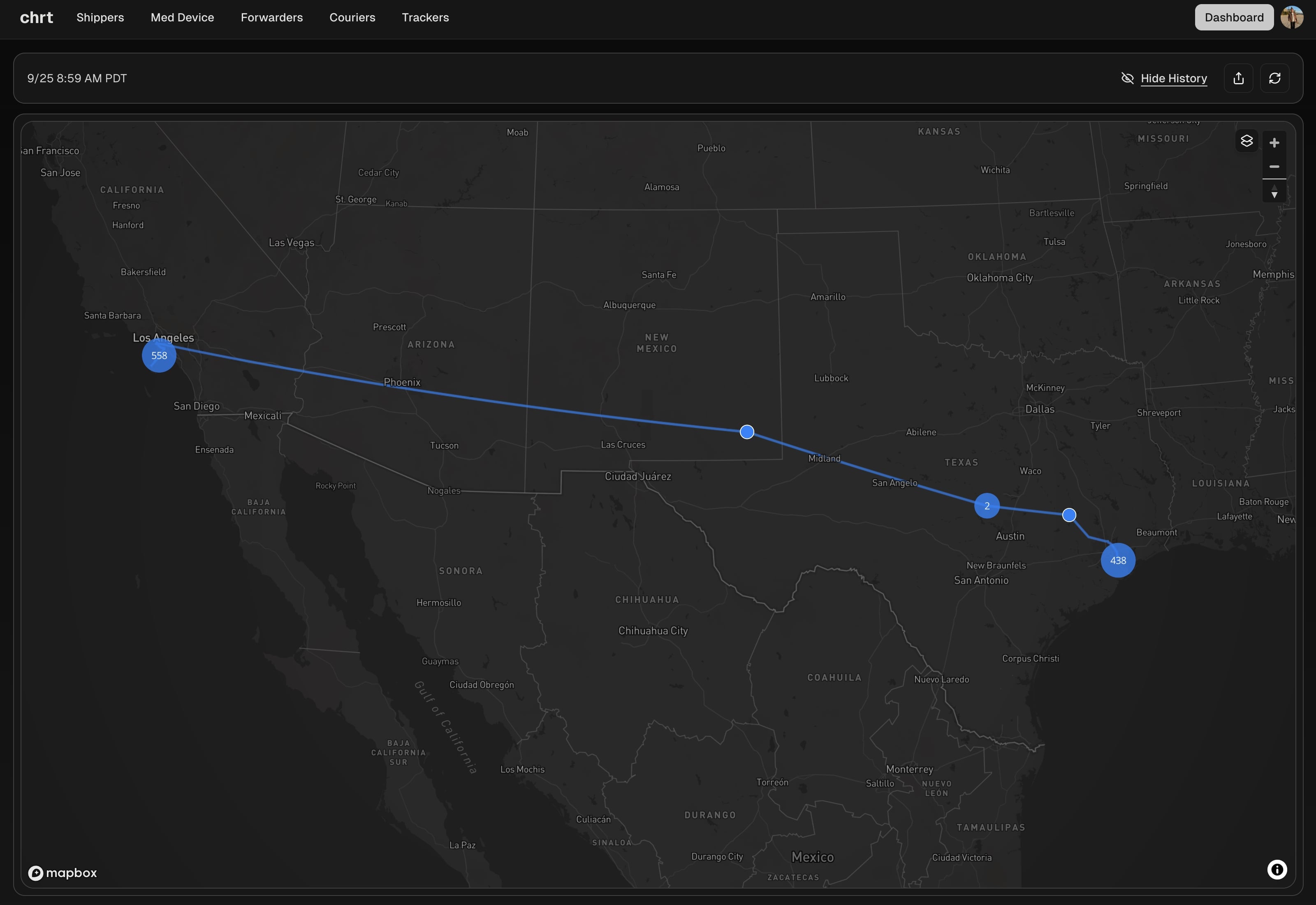 CHRT platform dashboard showing order creation interface with map, pickup and delivery details in dark mode