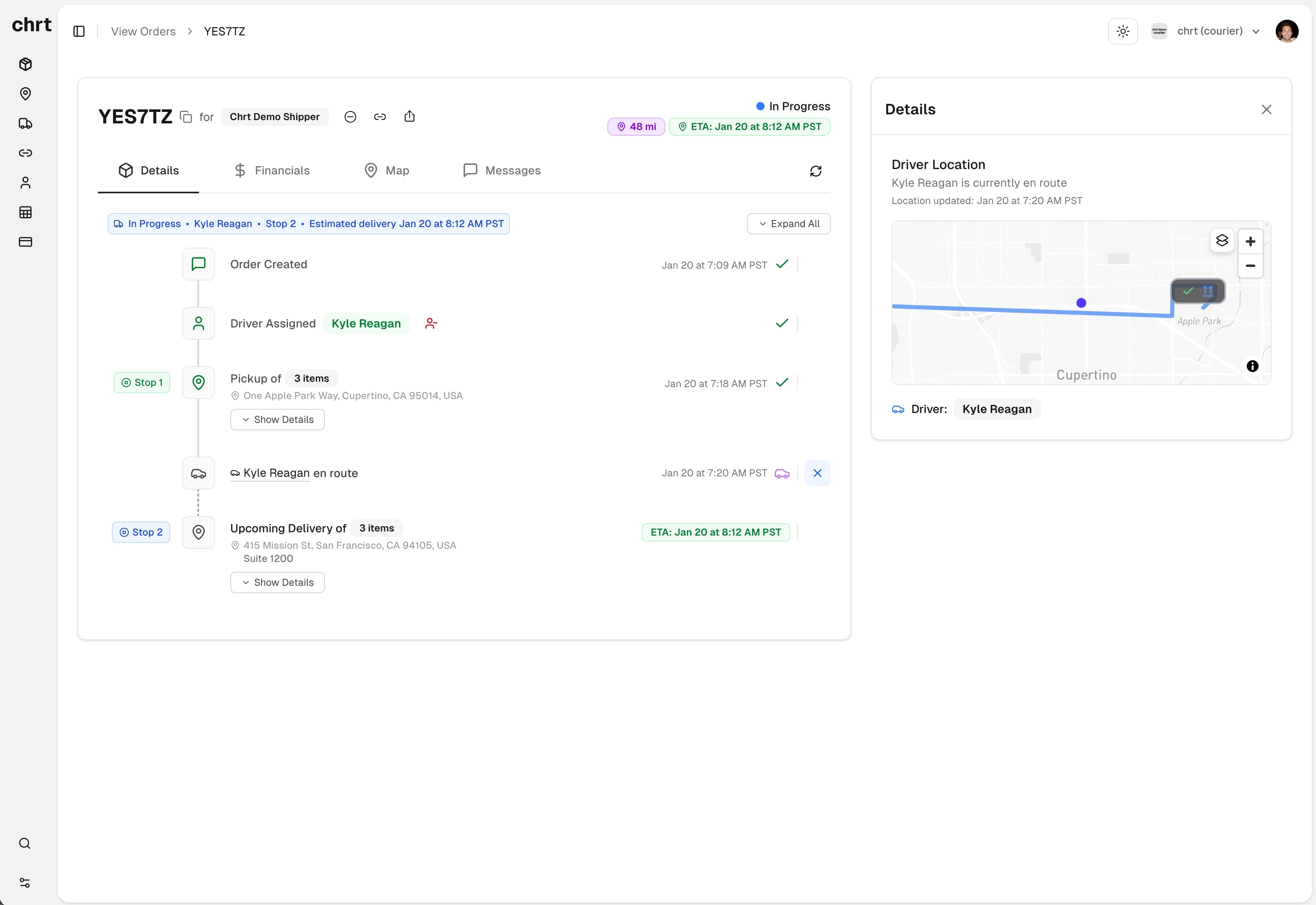 CHRT platform dashboard showing order creation interface with map, pickup and delivery details