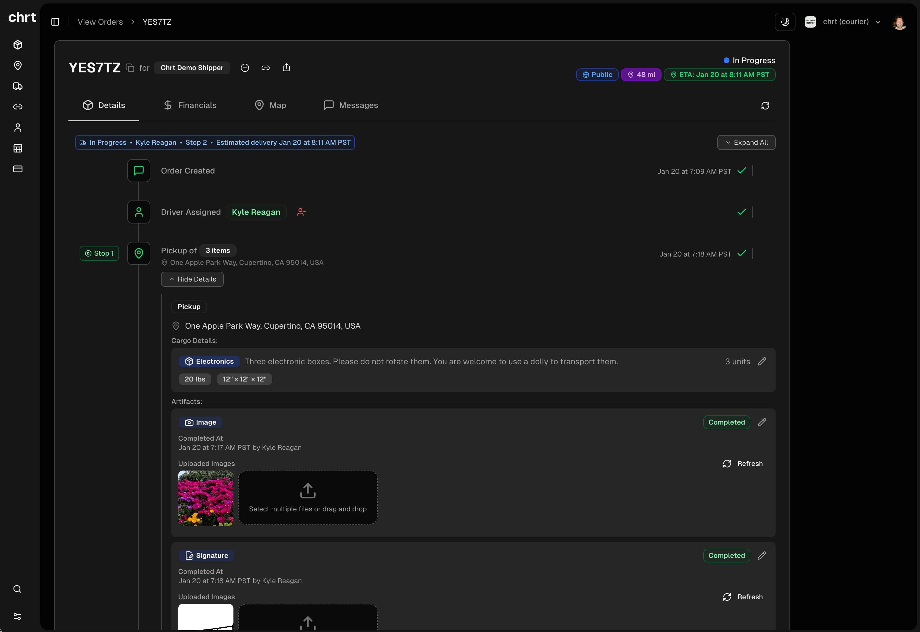 Order details with expanded proof of delivery artifacts