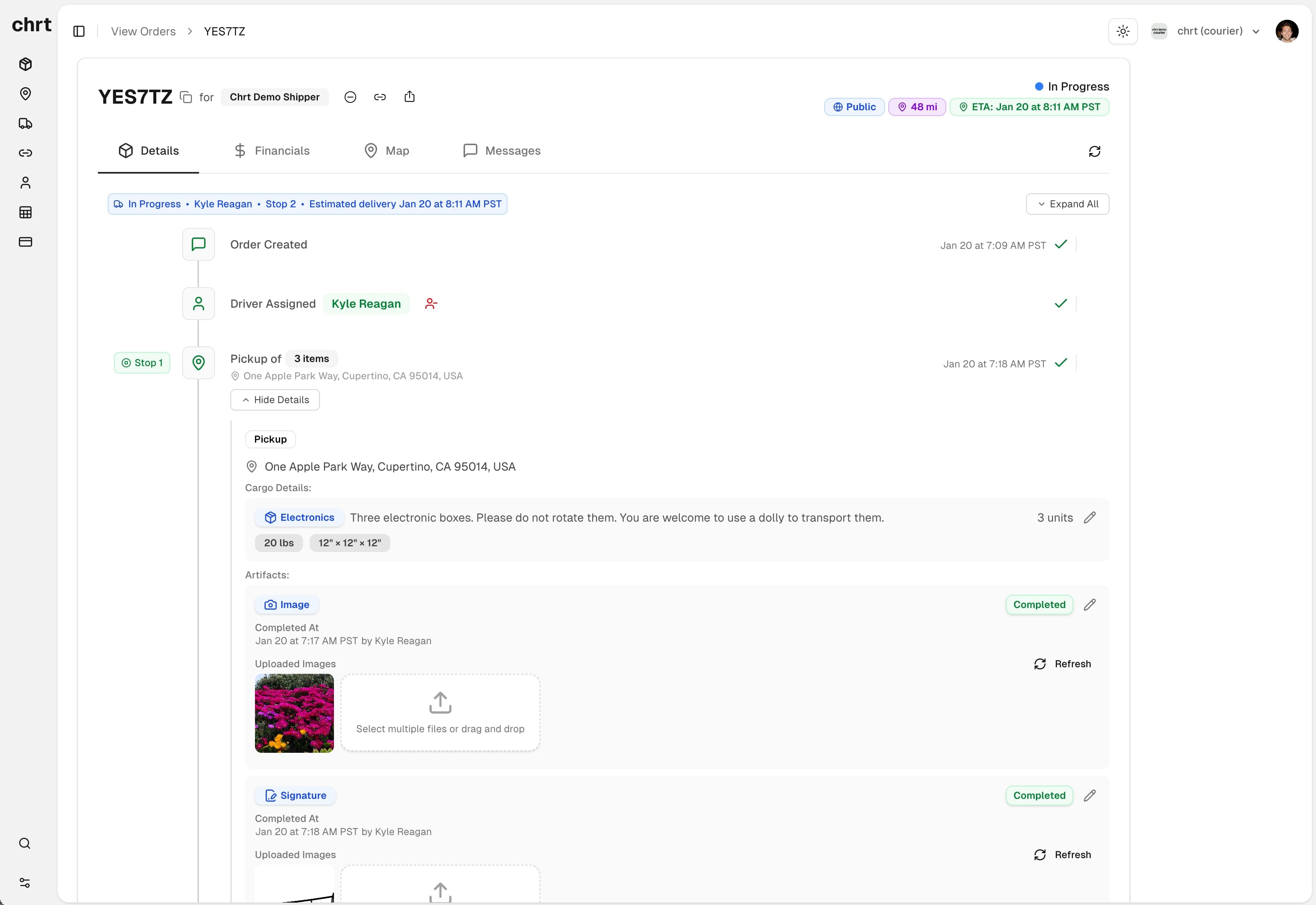 Order details with expanded proof of delivery artifacts