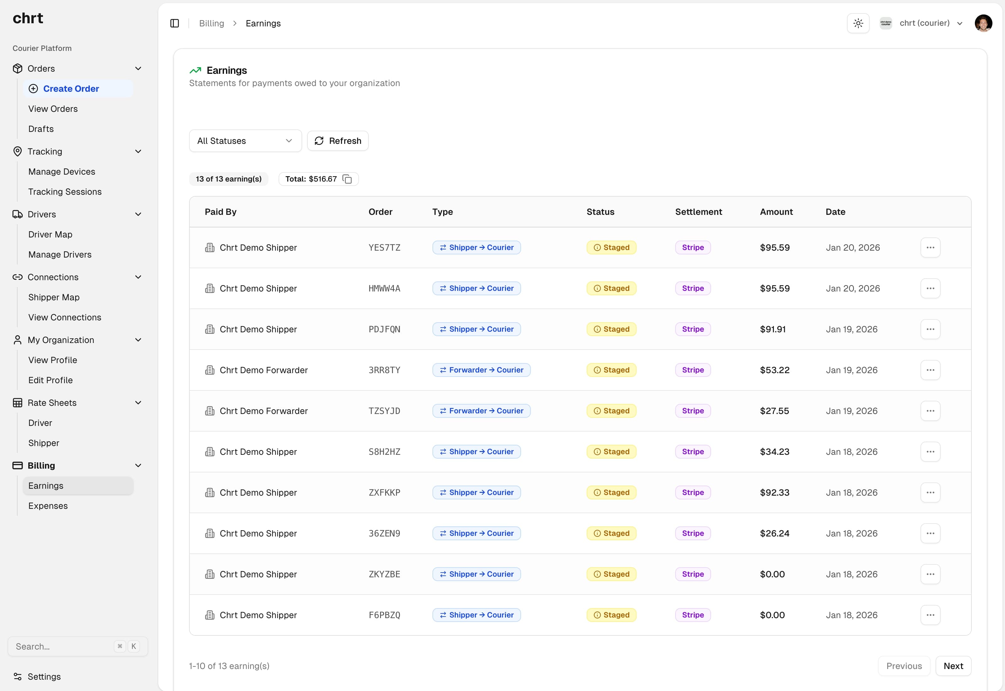 Earnings dashboard showing payment statements and totals